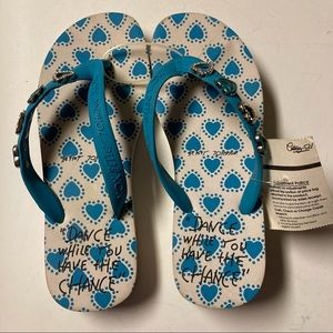 Betsey Johnson Flip-flops "Dance while you have the chance" NIB Jeweled